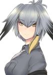  1girl bangs bird_wings black_hair breast_pocket closed_mouth collared_shirt eyebrows_visible_through_hair feathered_wings from_side greenopi grey_hair grey_necktie grey_shirt head_wings highres kemono_friends long_hair looking_at_viewer looking_to_the_side low_ponytail multicolored_hair necktie orange_hair pocket shirt shoebill_(kemono_friends) short_sleeves side_ponytail solo wings yellow_eyes 