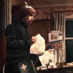  1boy absurdres bag beanie bryan_hodukavich cowboy_shot drink_carton from_side hat highres holding holding_drink_carton holding_milk_carton hood hood_down hooded_jacket indoors jacket kitchen life_(cereal) male_focus milk_carton oohchismeca photo-referenced pom_pom_(clothes) pom_pom_beanie resident_evil resident_evil_(2026_movie) scene_reference shoulder_bag solo 