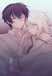  armpit_crease bare_shoulders black_hair breasts closed_eyes closed_mouth collared_shirt commentary cuddling expressionless faust_(project_moon) gradient_hair hetero highres inori_(qiming404) large_breasts limbus_company multicolored_hair open_mouth partially_unbuttoned project_moon shirt sleeping teeth under_covers white_hair yi_sang_(project_moon) 