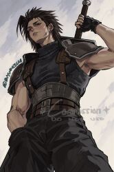  1boy armor belt black_gloves black_hair black_pantyhose black_shirt buster_sword commission cowboy_shot cross_scar final_fantasy final_fantasy_vii fingerless_gloves from_below gloves hair_slicked_back hand_in_pocket highres holding holding_sword holding_weapon male_focus medium_hair multiple_belts pantyhose parted_lips pauldrons ribbed_shirt scar scar_on_cheek scar_on_face shirt shoulder_armor sleeveless sleeveless_turtleneck solo suspenders sword sword_on_back turtleneck twitter_username weapon weapon_on_back zack_fair zu_yuan_cesar 