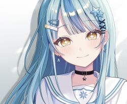  1girl belt_collar blue_hair blunt_bangs blush collar commentary earrings hair_ornament head_tilt highres jewelry light_smile long_hair looking_at_viewer nijisanji portrait sakamoto_momono school_uniform serafuku solo star-shaped_pupils star_(symbol) star_earrings star_hair_ornament symbol-shaped_pupils tamanoi_nana tamanoi_nana_(school_uniform) untranslatable_commentary virtual_youtuber white_background white_serafuku yellow_eyes 