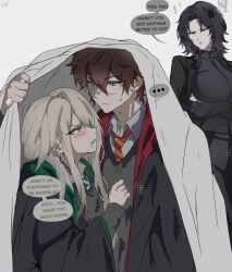  1boy 2girls absurdres anger_vein annoyed black_cape black_hair black_jacket black_pants breasts cape collared_shirt crossed_arms dress_shirt earrings genderswap genderswap_(mtf) glasses green_eyes grey_sweater gryffindor harry_potter harry_potter_(series) head_steam highres hoop_earrings jacket jewelry laizent_art large_breasts lipstick_mark long_hair long_sleeves malfoid medium_breasts multiple_girls necktie pale_skin pants red_necktie round_eyewear severus_snape severus_snape_(redteneri) shirt slytherin striped_clothes striped_necktie sweater under_covers wizarding_world 