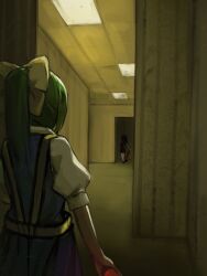  2girls backrooms_(creepypasta) black_hair blue_dress bow ceiling commentary cookie_(touhou) cowboy_shot daiyousei diyusi_(cookie) dress english_commentary green_hair hair_bow high-visibility_clothing high-visibility_vest high_ponytail highres indoors long_hair looking_at_another multiple_girls pinafore_dress ponytail puffy_short_sleeves puffy_sleeves reiji_(zero) shirt short_sleeves siyudi_(cookie) sleeveless sleeveless_dress standing tile_ceiling tiles touhou traffic_baton white_shirt yellow_bow 