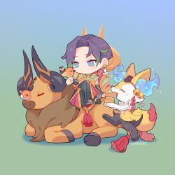  1boy 4others alternate_color artist_name braixen chibi chibi_only closed_eyes dragalia_lost english_commentary facing_another fletchling looking_at_animal mootecky multiple_others open_mouth pokemon pokemon_(creature) profile seimei_(dragalia_lost) shiny_pokemon sleeping tauros 