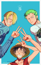  3boys ^_^ bandana_around_arm black_hair blonde_hair blue_background blue_shirt border cigarette closed_eyes commentary curly_eyebrows earrings green_hair hair_over_one_eye hat highres jewelry looking_back male_focus monkey_d._luffy multiple_boys one_piece paruma_umu roronoa_zoro sanji_(one_piece) scar scar_on_face shirt short_hair sideburns straw_hat striped_clothes striped_shirt untranslatable_commentary v vertical-striped_clothes vertical-striped_shirt white_border white_shirt 
