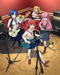  4girls ahoge asymmetrical_hair bass_guitar black_pantyhose black_skirt black_socks blonde_hair blue_eyes blue_skirt bocchi_the_rock! bow bowtie brown_shoes commentary cube_hair_ornament cymbals drum drum_set drumsticks electric_guitar english_commentary floral_print full_body gotoh_hitori guitar hair_down hair_ornament hairclip holding holding_drumsticks holding_plectrum ijichi_nijika instrument jacket jose_salot kita_ikuyo loafers long_hair looking_at_viewer medium_skirt microphone microphone_stand miniskirt multiple_girls on_stool one_side_up open_mouth pantyhose parallel_hairclips pink_hair pink_jacket playing_bass_guitar playing_drums playing_guitar playing_instrument pleated_skirt plectrum red_bow red_bowtie red_eyes red_hair school_uniform serafuku shimokitazawa_high_school_uniform shirt shoes shuka_high_school_uniform side_ponytail sitting skirt smile socks speaker stool track_jacket twitter_username very_long_hair white_shirt white_socks yamada_ryo yellow_eyes 