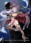  1girl armpits ass blush breasts brown_gloves brown_legwear cloak dual_wielding gloves high_heels holding holding_sword holding_weapon hood hooded_cloak large_breasts long_hair looking_at_viewer parted_lips red_eyes revealing_clothes shinozuka_atsuto sideboob silver_hair smile solo sword thigh-highs very_long_hair weapon 