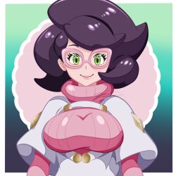  1girl big_hair breasts capelet commentary english_commentary glasses green_eyes high-waist_skirt highres large_breasts long_sleeves mature_female medium_skirt peachy_purr pencil_skirt pink-framed_eyewear pink_sweater pokemon pokemon_sun_and_moon purple_hair ribbed_sweater short_hair skirt smile solo sweater turtleneck turtleneck_sweater upper_body white_capelet white_skirt wicke_(pokemon) 