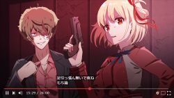  1boy 1girl bandage_over_one_eye belt black_jacket blonde_hair blue_ribbon brown_hair collared_shirt commentary_request dress grey_dress grin gun hair_ribbon hand_up handgun hawaiian_shirt highres holding holding_gun holding_weapon hyoe_(hachiechi) indoors jacket long_sleeves looking_at_another looking_at_viewer lycoris_recoil majima_(lycoris_recoil) neck_ribbon nishikigi_chisato one_eye_covered one_side_up open_clothes open_jacket open_mouth pink_shirt red_belt red_dress red_eyes red_ribbon ribbon sanpaku shirt short_hair smile suit_jacket translation_request two-tone_dress upper_body v-shaped_eyebrows weapon 
