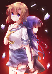  2girls absurdres back-to-back blue_hair blue_sailor_collar blue_skirt commentary_request furude_rika highres higurashi_no_naku_koro_ni higurashi_no_naku_koro_ni_gou holding holding_knife kakera_(higurashi) knife looking_at_viewer multiple_girls neckerchief nyaa_(nnekoron) orange_hair pleated_skirt ryuuguu_rena sailor_collar school_uniform serafuku shaded_face shirt short_hair short_sleeves skirt violet_eyes white_shirt yellow_neckerchief 