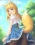  1girl :d animal_ears ass black_legwear blonde_hair blue_eyes bow clouds commentary_request day dress eyebrows_visible_through_hair fox_ears fox_girl fox_tail frilled_dress frills from_behind highres long_hair looking_at_viewer looking_back nature open_mouth original outdoors panties panties_under_pantyhose pantyhose sand-rain sasaame short_sleeves sky smile solo sunlight tail tree underwear white_panties wrist_cuffs 
