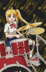  1girl ahoge blonde_hair blue_skirt bocchi_the_rock! bow bowtie commentary cymbals drum drum_set drumsticks english_commentary highres holding holding_drumsticks ijichi_nijika instrument jose_salot long_hair looking_at_viewer on_stool playing_drums playing_instrument pleated_skirt red_bow red_bowtie red_eyes school_uniform shirt side_ponytail sitting skirt solo stool white_shirt 