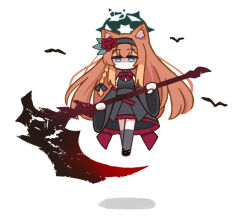  1girl animal_ear_fluff animal_ears apricotlemontea black_dress black_hairband black_shoes black_socks blue_archive blue_eyes bow bowtie broken_halo cat_ears chibi chibi_only commentary_request dark_persona detached_sleeves double-parted_bangs dress floating flower frilled_dress frills green_halo hair_between_eyes hair_flower hair_ornament hairband halo holding holding_scythe kneehighs long_hair looking_at_viewer mari_(blue_archive) orange_hair partially_shaded_face red_bow red_bowtie red_flower scythe shadow shoes sidelocks simple_background simple_bird sleeveless sleeveless_dress socks solo very_long_hair white_background wide_sleeves 