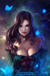  1girl bare_shoulders black_hair breasts butterfly choker cleavage corset feather_trim large_breasts long_hair looking_at_viewer mole mole_under_mouth olga_narhova pentacle red_lips signature solo the_witcher the_witcher_3 upper_body violet_eyes watermark web_address yennefer 