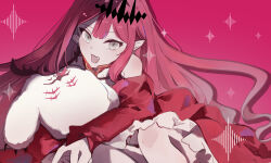  1girl baobhan_sith_(fate) baobhan_sith_(first_ascension)_(fate) cernunnos_(fate) detached_sleeves dress earrings fang fate/grand_order fate_(series) grey_eyes hair_ornament highres jewelry long_hair looking_at_viewer open_mouth pink_hair pointy_ears red_dress roart356 sidelocks smile 
