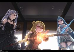  3girls absurdres aiming aiming_at_viewer artist_name avengers_(series) black_dress black_gloves blonde_hair blue_crown blue_eyes blue_hair blue_sword boots bow_(weapon) cowboy crown dress gloves grey_eyes grey_hair highres holding holding_bow_(weapon) holding_sword holding_weapon holoh3roes hololive hololive_indonesia kaela_kovalskia kaela_kovalskia_(5th_costume) kobo_kanaeru kobo_kanaeru_(5th_costume) long_hair looking_at_viewer looking_down marvel multiple_girls pov red_eyes sanoh's_canvas sleeveless sword the_avengers_(2012) thigh_boots twintails vestia_zeta vestia_zeta_(5th_costume) weapon 