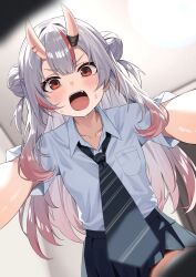  1girl alternate_costume black_necktie black_skirt blush breast_pocket collared_shirt commentary_request diagonal-striped_clothes diagonal-striped_necktie double-parted_bangs double_bun gabuchi grey_hair hair_bun highres hololive horns long_hair looking_at_viewer loose_necktie multicolored_hair nakiri_ayame necktie oni open_mouth pleated_skirt pocket red_eyes red_hair red_streaks school_uniform shirt shirt_tucked_in short_sleeves skin-covered_horns skirt solo streaked_hair striped_clothes striped_necktie sweat virtual_youtuber white_shirt 