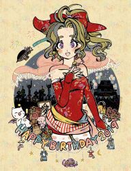  1girl 2019 absurdres aerial_fireworks aircraft airship armor balloon blackjack_(ff6) blonde_hair blue_cape blush bow breasts bridal_gauntlets cape character_doll clothes_hanger commentary_request cowboy_shot creature detached_sleeves doll dress earrings final_fantasy final_fantasy_vi fireworks flower gift_bag hair_bow hand_on_own_chest happy_birthday highres jewelry leotard long_hair medium_breasts miri_(mirik) mog_(ff6) moogle official_alternate_costume open_mouth pantyhose pink_cape ponytail print_pantyhose red_bow red_dress red_leotard red_sleeves rose sash see-through_cape see-through_clothes short_dress shoulder_armor smile solo strapless strapless_dress terra_branford trance_terra_branford tube_dress ultros violet_eyes waist_sash walnut watermark wavy_hair 