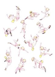  1girl all_fours bag bandeau bike_shorts black_bandeau blonde_hair blue_eyes blunt_bangs camisole coffee_(ccffeee) commentary_request crawling crop_top highres hip_bones kotera_(noboru_kotera-san) multicolored_shoes multiple_views noboru_kotera-san pink_shorts short_twintails shorts twintails two-tone_shoes white_camisole 
