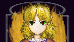  1girl :| blonde_hair brown_dress closed_mouth commentary_request dress fiery_background fire green_eyes kams looking_at_viewer mizuhashi_parsee red_pupils scarf short_hair solo touhou v-shaped_eyebrows white_scarf zun_(style) 