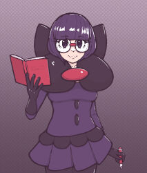  1girl blunt_bangs bob_cut book bow breasts brooch elbow_gloves glasses gloves holding holding_book holding_pen jewelry large_bow low_neckline marusketch medium_breasts neck_pillow pantyhose pen pokemon pokemon_black_and_white purple_hair purple_skirt rimless_eyewear round_eyewear shauntal_(pokemon) short_hair skirt smile violet_eyes 