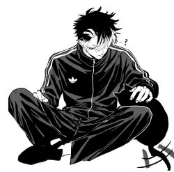  1boy ? angnajoah_7 animal cat closed_mouth eyelashes full_body greyscale highres jacket kaijuu_no._8 male_focus monochrome narumi_gen pants shoes short_hair simple_background sitting solo tail tail_wagging track_suit white_background zipper 