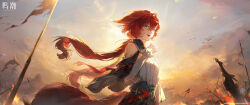  1girl absurdres bare_shoulders breasts chinese_clothes chinese_commentary commentary_request droopy_ears evening fox_girl fox_tail from_side game_asset green_eyes hair_between_eyes hand_up highres logo long_hair looking_at_viewer looking_to_the_side medium_breasts official_art open_mouth outdoors planted planted_sword red_hair smile solo sword tail turning_head upper_body weapon wuthering_waves xuanqing_(wuthering_waves) 