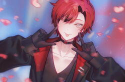  1boy :p ;p black_choker black_gloves black_jacket black_shirt choker collarbone commentary csv1106 double_l english_commentary gloves highres holostars holostars_english holostars_english_idol_uniform jacket long_sleeves machina_x_flayon male_focus official_alternate_costume one_eye_closed open_clothes open_jacket red_hair shirt short_hair smile solo tongue tongue_out upper_body v-neck virtual_youtuber 