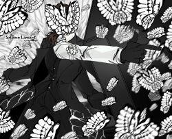  1boy animal_print black_coat black_gloves black_pants black_vest brown_hair bug butterfly butterfly_print coat coffin commentary_request cowboy_shot e.g.o_(project_moon) extra_arms finger_gun force_(4sk_force) gloves gregor_(project_moon) korean_commentary library_of_ruina limbus_company long_sleeves low_ponytail pants ponytail project_moon shirt solemn_lament_(e.g.o) solo vest white_butterfly white_shirt 