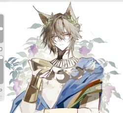  1boy animal_ears arknights art_program_in_frame bochishiraita brown_hair cat_boy cat_ears chalice chinese_commentary closed_mouth commentary_request crescent cup expressionless floral_background gold_necklace hand_up highres holding holding_cup jewelry laurel_crown looking_at_viewer male_focus necklace official_alternate_costume phantom_(arknights) short_hair solo tragodia_(arknights) upper_body yellow_eyes 