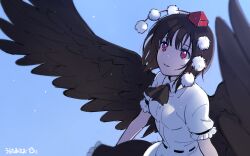  1girl ascot black_ascot black_hair black_skirt black_wings breasts collared_shirt commentary_request feathered_wings frilled_skirt frills hat one-hour_drawing_challenge parted_lips pom_pom_(clothes) red_eyes shameimaru_aya shirt short_hair short_sleeves signature simple_background skirt small_breasts solo tokin_hat touhou urata_asao white_shirt wings 