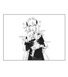  >_< 2girls ? ahoge arms_up artist_name blank_eyes boots border capelet carrying carrying_person closed_eyes commentary cowboy_shot crying dress elbow_gloves english_commentary english_text four-pointed_star full_body genshin_impact gloves hair_between_eyes hair_ornament halo hands_up highres long_dress long_hair long_sleeves mechanical_halo multiple_girls nerozero open_mouth paimon_(genshin_impact) puffy_long_sleeves puffy_sleeves romper ronova_(genshin_impact) sad scarf short_hair simple_background single_thighhigh standing star_(symbol) star_hair_ornament thigh-highs tongue upper_body very_long_hair 