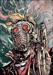  1boy abstract_background analogous_colors artist_logo blonde_hair colorful colorful_background dated energy_gun grey_background guardians_of_the_galaxy gun helmet holding holding_gun holding_weapon jacket logo male_focus marvel mask metal_mask mixed_media peter_quill planet portrait ray_gun saturated science_fiction solo space star-lord technology turtleneck turtleneck_jacket vinartwork weapon western_comics_(style) 