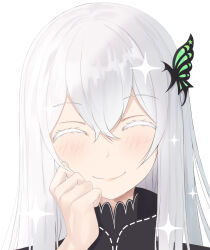  1girl absurdres black_dress bug butterfly butterfly_hair_ornament close-up closed_eyes closed_mouth dress echidna_(re:zero) green_butterfly hair_between_eyes hair_ornament hand_on_own_face highres light_blush long_hair nose re:zero_kara_hajimeru_isekai_seikatsu smile solo tti_tti white_background white_hair 