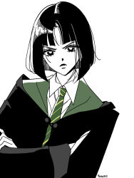  1girl angry artist_name black_cloak black_eyes black_hair blunt_bangs blunt_ends bob_cut bright_pupils cloak closed_mouth collared_shirt commentary crossed_arms dated diagonal-striped_clothes diagonal-striped_necktie dress_shirt english_commentary eyelashes green_cloak green_necktie harry_potter_(series) highres hogwarts_school_uniform leaning_to_the_side light_frown lips long_sleeves looking_at_viewer loose_hair_strand necktie pansy_parkinson parted_bangs photo-referenced scene_reference school_uniform shirt short_hair signature simple_background slytherin solo standing striped_clothes striped_necktie two-sided_fabric two-tone_necktie upper_body v-shaped_eyebrows white_background white_pupils white_shirt wizarding_world yellow_necktie yeongyung_(yy) 