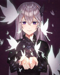  1girl black_dress breasts bug butterfly butterfly_hair_ornament commentary_request dress echidna_(re:zero) green_butterfly grey_butterfly hair_between_eyes hair_ornament highres light_particles long_hair looking_at_viewer medium_breasts purple_background re:zero_kara_hajimeru_isekai_seikatsu reaching smile solo tangerine_honey white_hair witch 