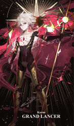  1boy absurdres armor asian_indian_clothes bishounen blue_eyes chest_jewel collar commentary detached_cape earrings english_commentary eyeshadow eyeshadow_under_eye fate/grand_order fate_(series) feijiu gloves grand_servant_(fate/grand_order) hair_between_eyes highres holding holding_weapon jewelry karna_(fate) kavacha_(fate) kundala_(fate) long_hair makeup pale_skin red_eyeshadow short_hair solo spiked_collar spikes vasavi_shakti_(fate) weapon white_hair 