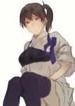  1girl between_legs black_legwear brown_eyes brown_hair commentary fukazaki_(g425hw45) hair_between_eyes hair_tie hand_between_legs japanese_clothes kaga_(kantai_collection) kantai_collection kimono long_hair muneate side_ponytail simple_background solo tasuki thigh-highs white_background 