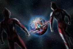  3boys absurdres alien blue_eyes color_timer colored_skin commentary_request compound_eyes dorsal_fin earth_(planet) flying giant glowing glowing_eyes highres looking_at_viewer male_focus multicolored_skin multiple_boys planet red_skin silver_skin space tokusatsu ultra_series ultraman ultraman:_the_ultimate_hero ultraman_(1st_series) ultraman_powered yoshifuto zoffy_(ultra_series) 
