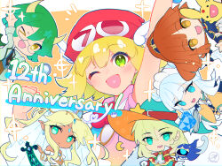  1boy 5girls absurdres amitie_(puyopuyo) anniversary aqua_coat aqua_eyes aqua_hat arle_nadja arle_nadja_(adventuring_sorceress) arm_up armor beanie black_bow black_necktie blonde_hair blue_armor blue_eyes blue_hair blue_shirt bow brown_hair brown_pants capelet carbuncle_(puyopuyo) chest_guard chibi clenched_hand closed_mouth coat commentary_request creature crescent crescent_hat_ornament dark-skinned_female dark_skin dinnorah_(puyopuyo) draco_centauros draco_centauros_(allstar_academy) dragon_girl dragon_horns familiar fang forehead_jewel ghost glasses gloves green_eyes green_hair hair_bow hand_up hat hat_ornament head_chain heart heart_in_mouth high_ponytail highres holding holding_magnifying_glass holding_tray hood hood_down hoodie horns ice japanese_clothes jewelry kimono lab_coat lclfc long_hair magnifying_glass maid_headdress multiple_girls necktie notice_lines off-shoulder_shirt off_shoulder official_alternate_costume one-eyed one_eye_closed open_mouth orange_hat pants pauldrons pink_hoodie ponytail print_hat puyopuyo puyopuyo_quest red_capelet red_hat rozatte_(puyopuyo) scimitar shirt short_hair shoulder_armor signature sleeveless sleeveless_hoodie smile sparkle sparkling_eyes star_(symbol) star_hat_ornament star_in_eye star_print sunohime_(in-style_innkeeper)_(puyopuyo) sunohime_(puyopuyo) sword symbol_in_eye tray twintails two-sided_fabric two-sided_headwear weapon white_coat white_gloves white_shirt wide_sleeves winged_hat witch_hat yellow_eyes yellow_kimono 
