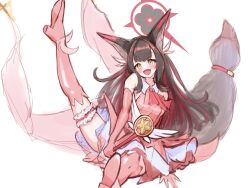  1girl animal_ear_fluff animal_ears ascot bare_shoulders black_hair blue_archive blush boots colored_inner_hair commentary_request cosplay elbow_gloves eyeshadow fate/kaleid_liner_prisma_illya fate_(series) fox_ears fox_girl fox_tail frilled_thigh_strap gloves halo highres holding holding_staff illyasviel_von_einzbern long_hair magical_girl makeup multicolored_hair open_mouth pink_boots pink_gloves pink_shirt prisma_illya prisma_illya_(cosplay) red_ascot red_eyeshadow red_hair red_halo shirt skirt solo spread_legs staff tail thigh_boots thigh_strap two-tone_hair very_long_hair wakamo_(blue_archive) white_skirt yellow_eyes zattaa 