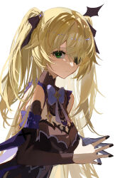  1girl armband bat_ornament blonde_hair bodystocking bow bowtie breasts brown_sleeves commentary_request dress eyepatch fischl_(genshin_impact) fishnet_top fishnets frilled_armband frills garter_straps genshin_impact gloves green_eyes hair_over_one_eye hair_ribbon highres long_hair looking_at_viewer purple_armband purple_bow purple_bowtie raiya_atelier ribbon simple_background single_glove solo two_side_up white_background 
