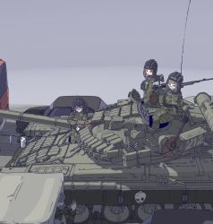  2boys 3girls b1-517 borrowed_character brown_hair bus camouflage cannon car caterpillar_tracks clothesline commentary dshk english_commentary glasses guitar gun heavy_machine_gun helmet instrument lada_samara machine_gun manually-operated_mounted_gun military_fatigues military_truck military_uniform military_vehicle motor_vehicle multiple_boys multiple_girls original pants pk_machine_gun radio_antenna reactive_armor red_eyes road shirt smoke_grenade_launcher sports_utility_vehicle t-80 tank tank_helmet tank_top tarpaulin traffic traffic_jam truck uaz-452 unworn_clothes van waving weapon zhenya_(laitumidane) 