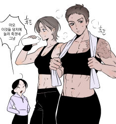  0820_lakia 3girls abs absurdres black_hair black_sports_bra bottle breasts brown_hair burn_scar chibi commentary_request firefighter highres hood hoodie korean_commentary korean_text medium_breasts multiple_girls muscular muscular_female navel original purple_hoodie scar short_hair simple_background small_breasts sports_bra sportswear tomboy toned toned_female translation_request water_bottle white_background 