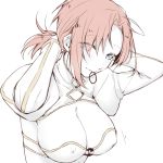  1girl adjusting_hair blue_eyes boudica_(fate/grand_order) breasts citron_82 cleavage fate/grand_order fate_(series) hair_tie juliet_sleeves large_breasts long_sleeves mouth_hold ponytail puffy_sleeves redhead simple_background solo tying_hair upper_body white_background 