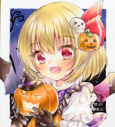  1girl bat_wings blonde_hair blush commentary_request fang hair_ribbon halloween halloween_costume highres jack-o'-lantern looking_at_viewer nekofish666 open_mouth red_eyes red_ribbon ribbon rumia short_sleeves solo touhou traditional_media twitter_username upper_body watermark wings 