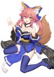  1girl absurdres animal_ears bell bell_collar black_legwear blue_legwear blush bow breasts cleavage collar detached_sleeves fate/extra fate/extra_ccc fate/grand_order fate_(series) flower fox_ears fox_shadow_puppet fox_tail hair_bow hair_ribbon highres icarus_(632247131) japanese_clothes large_breasts looking_up open_mouth pink_hair ribbon simple_background sitting solo tail tamamo_(fate)_(all) tamamo_no_mae_(fate) wariza white_background yellow_eyes 