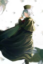  1boy absurdres blue_eyes bow bug closed_mouth commentary_request dress green_dress green_hat grey_hair hat highres otto_suewen re:zero_kara_hajimeru_isekai_seikatsu red_bow short_hair simple_background solo white_background yuhaku 
