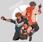  3boys black_hair blonde_hair brown_hair copyright_name fingerless_gloves full_body glasses glasses_enthusiast gloves grey_background holding holding_poke_ball hood hoodie male_focus male_protagonist_(pokemon_go) multiple_boys multiple_persona poke_ball pokemon pokemon_go projected_inset short_hair simple_background squatting 