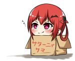  1girl bangs bat_hair_ornament blush box cardboard_box chibi eriyy face fang gabriel_dropout hair_between_eyes hair_ornament hair_rings in_box in_container kurumizawa_satanichia_mcdowell looking_to_the_side no_nose redhead shadow sidelocks simple_background smirk solo translated violet_eyes white_background 